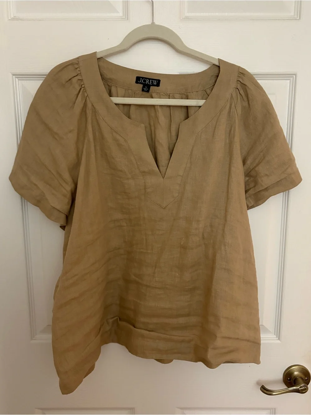 J. Crew Harvest Tan Linen V-Neck Flutter Sleeve Top